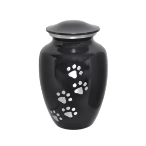 Black Urn with Silver Paw Prints for Pet Cat Dog Ashes Cremation Memorial