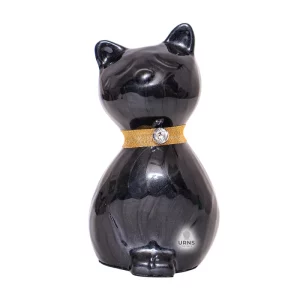 Black Whisker Cat Cremation Urn with Gold Collar and Rhinestone Charm