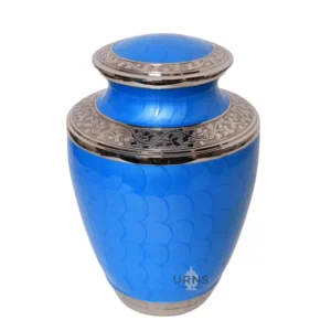 Blue Blossom Legacy Cremation Urn with Silver Trim – Deep blue floral design with silver carved bands for ashes