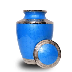 Blue Blossom cremation urn with silver detailing – memorial urn for ashes