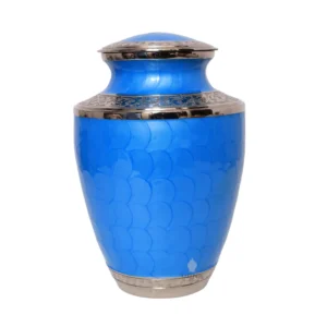 Elegant blue cremation urn with silver floral bands – Blue Blossom Legacy Urn for ashes