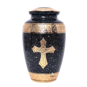 Blue Mosaic Golden Cross Elegance Brass Cremation Urn for Ashes