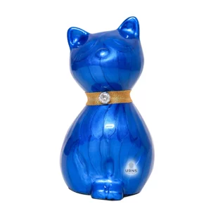 Blue Whisker Cat Cremation Urn with Gold Collar and Rhinestone Charm