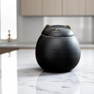Black ceramic cat urn placed on a marble table in a cozy room
