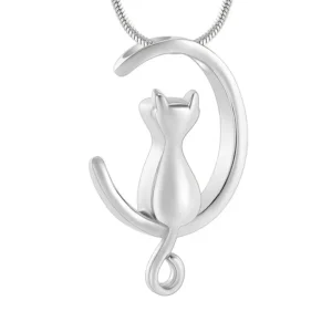 Cat on Moon Cremation Necklace - Ash Memorial Pendant