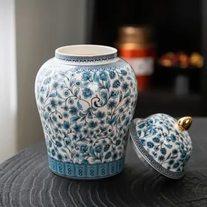 Ceramic Adult Cremation Urn - Blue & White Floral Design (Australia)