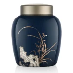 Ceramic Cat Ash Urn - Dark Blue & Golden Ornate Pet Memorial Urn