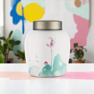 Ceramic pet urn placed on home display shelf