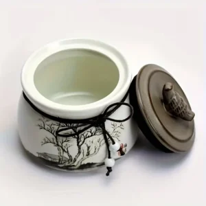 Decorative pet memorial jar with nature artwork and rustic details