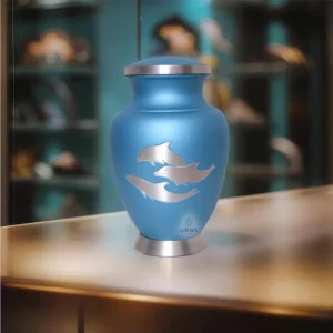 Dolphin memorial urn with lid off, cremation urn interior