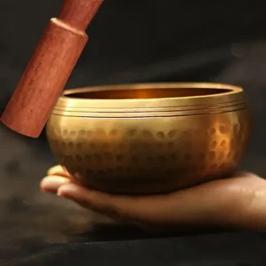 Close-Up of Om Resonance Singing Bowl Being Played with Mallet
