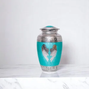 Green metal urn for ashes with angel wings – Guardian Serenity large urn