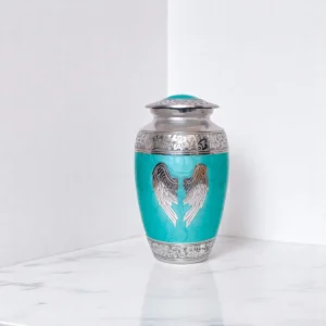 Guardian Wings green metal urn for adult cremation ashes – large memorial container