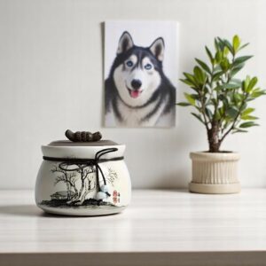 Hand-painted ceramic pet urn with landscape design for dog or cat ashes
