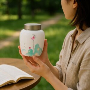 Person holding ceramic pet urn with floral design outdoors