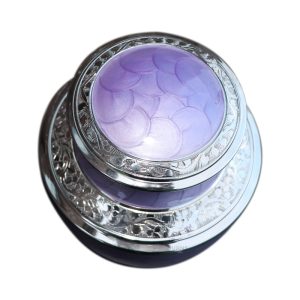 Cremation urn in soothing lavender with graceful silver highlights