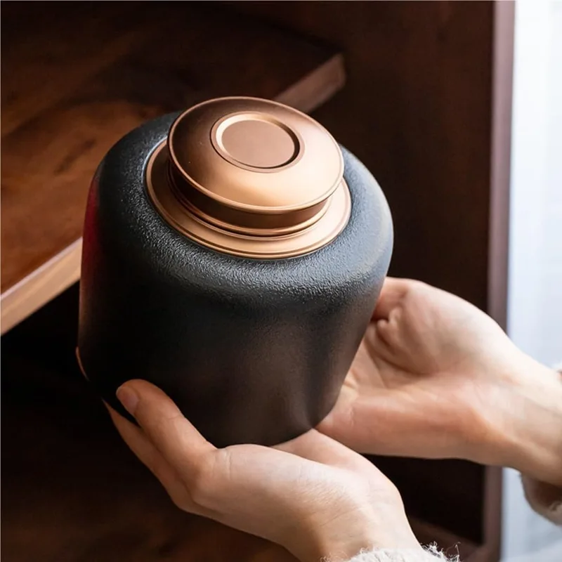Modern Black Ceramic Cremation Urn Copper Lid Memorial Urns For Sale Modern Black Ceramic Cremation Urn Copper Lid Memorial Urns For Sale