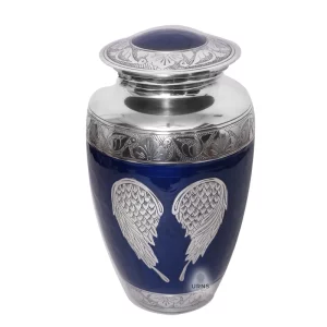 Navy Elegance Blue with Silver Angel Wings Cremation Urn for Human Ashes