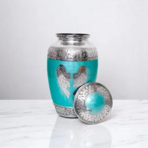 Open Guardian Wings Serenity urn – green adult memorial urn without lid