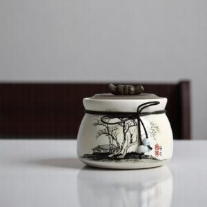 Pet ashes storage urn with secure closure and artistic tree illustration
