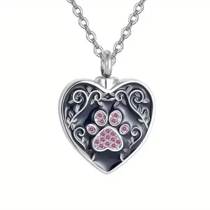 Heart paw print cremation necklace with pink crystals, pet memorial jewelry