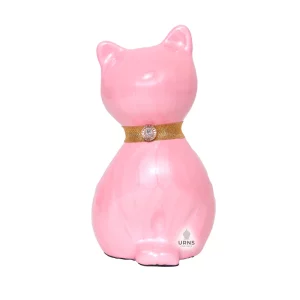 Pink Whisker Cat Cremation Urn with Gold Collar and Rhinestone Charm