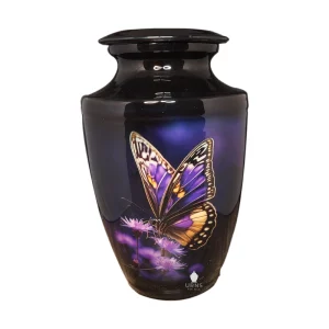 Purple Orange Butterfly on Midnight Black Adult Urn for Cremation Ashes