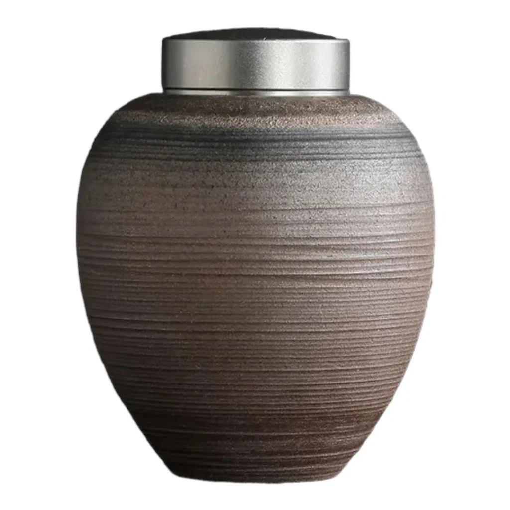 Radiant Circular Ceramic Urn with Horizontal Texture and Stainless Steel Top, Memorial Urn