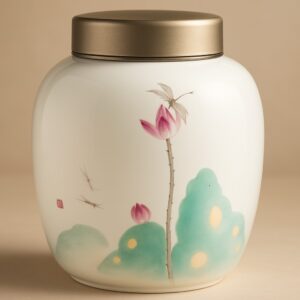 Close-up of the urn’s lid and hand-painted flower design