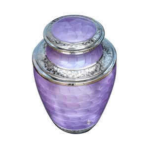 Elegant lavender cremation urn with shimmering silver accents