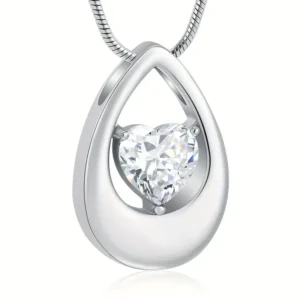 Teardrop Memorial Heart Cremation Necklace - Stainless Steel Ash Pendant