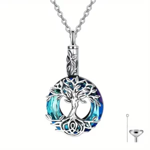 Tree of life cremation urn necklace, blue crystal pet ashes pendant