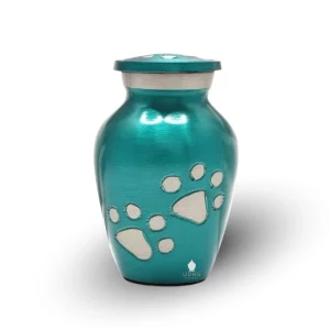 Turquoise Pet Keepsake Urn with Silver Paws for Dog Cat Cremation Ashes Cremains Memorial