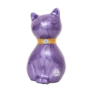 Violet Whisker Cat Cremation Urn with Gold Collar and Rhinestone Charm