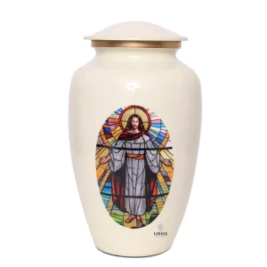 White Cremation Urn for Ashes with Jesus by Stained Glass