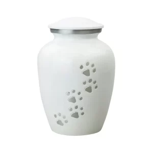 White Urn with Silver Paw Prints for Pet Cat Dog Ashes Cremation Memorial