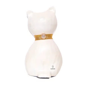 White Whisker Cat Cremation Urn with Gold Collar and Rhinestone Charm