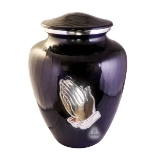 black adult cremation urn for human ashes folded hands