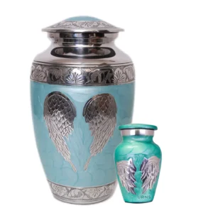 green angel wings adult urn with matching keepsake urn for sale