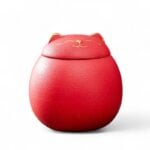 Red Ceramic Cat Shaped Pet Urn with Gold Accents – Memorial Ashes Keepsake