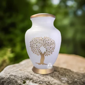 tree of life urn placed on stone in external setup tree in background